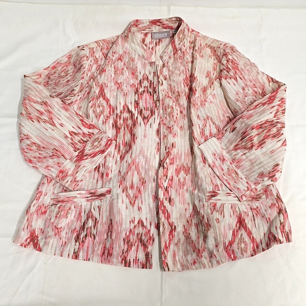 Chicos Open Front Jacket Blazer Women sz 2 US L Pink Ikat Linen Blend 3/4 Sleeve